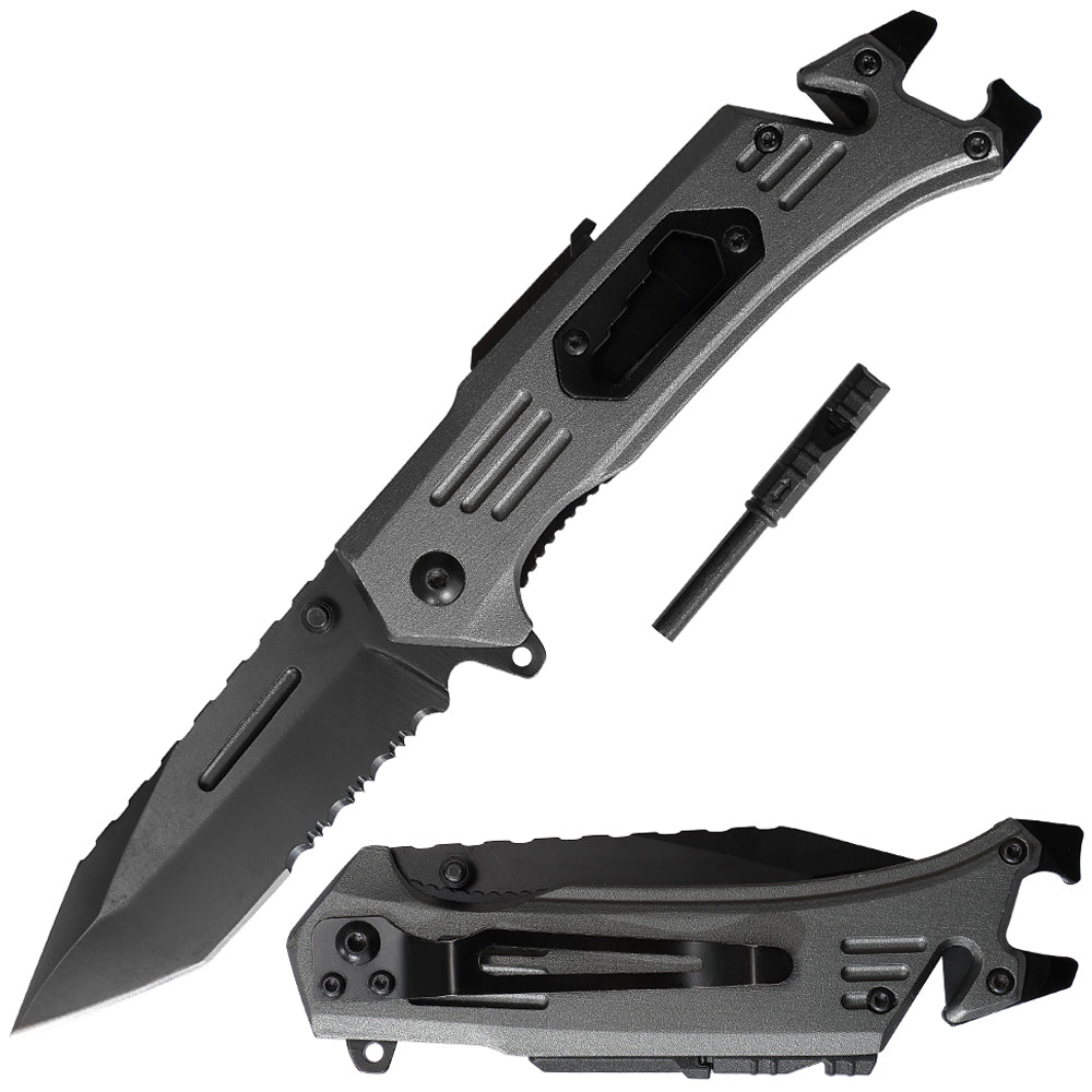 Multifunctional Fast Opening Combo Edge Tanto Blade Back Jimping Fire Starter Whistle Bottle Opener Pry Bar Flat Driver Tactical Knife for Outdoor