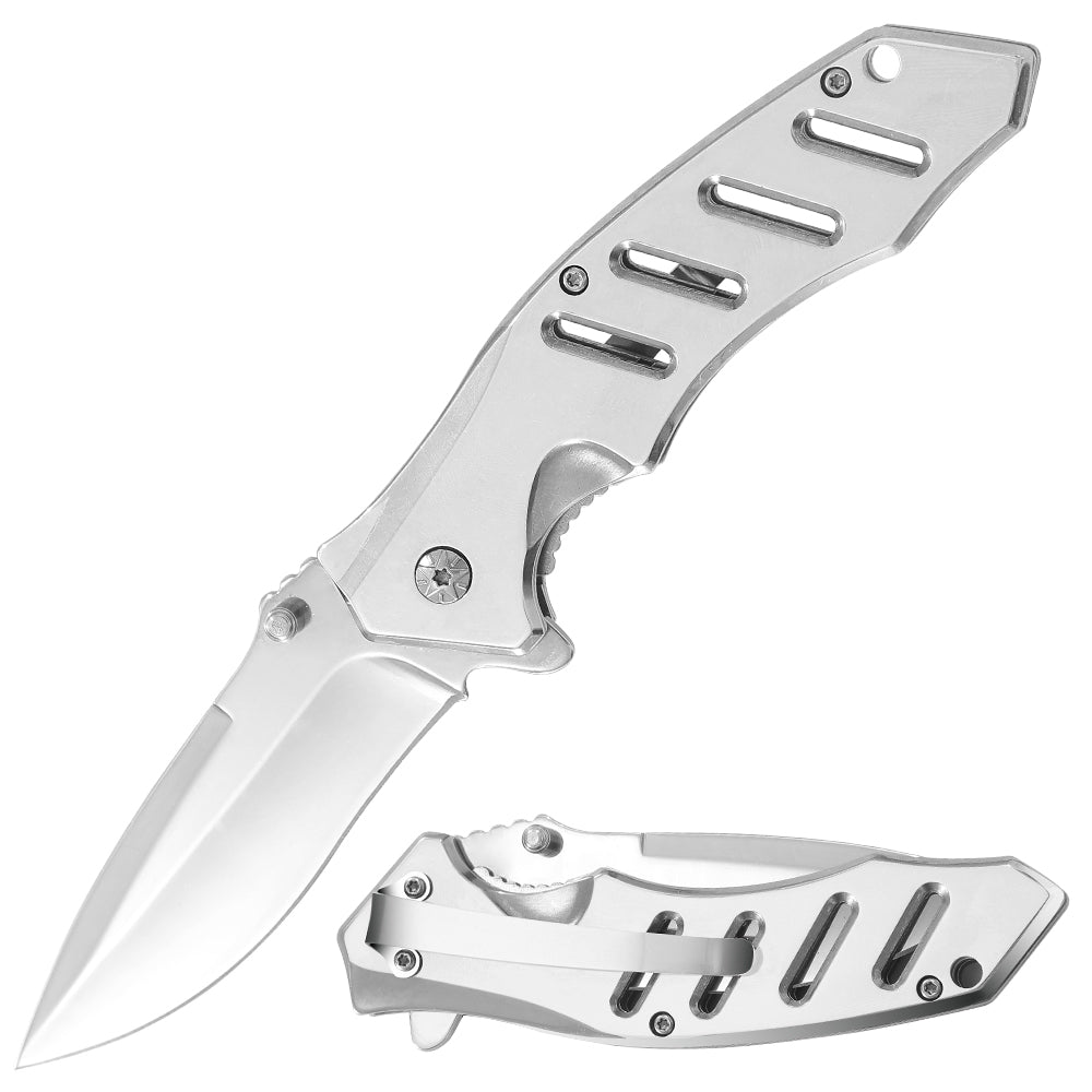 All Stainless Steel Drop Point Blade Vented Handle Lanyard Hole Incorporated Folding Knife