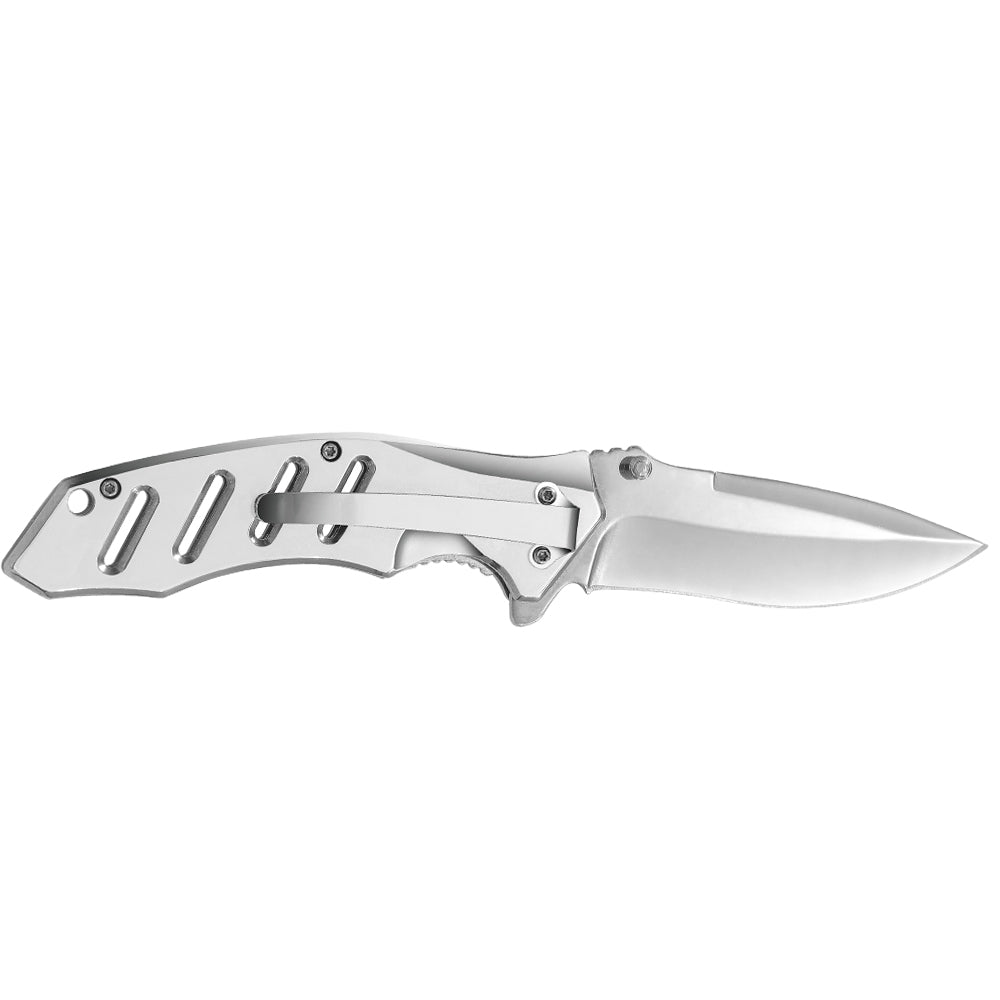 All Stainless Steel Drop Point Blade Vented Handle Lanyard Hole Incorporated Folding Knife