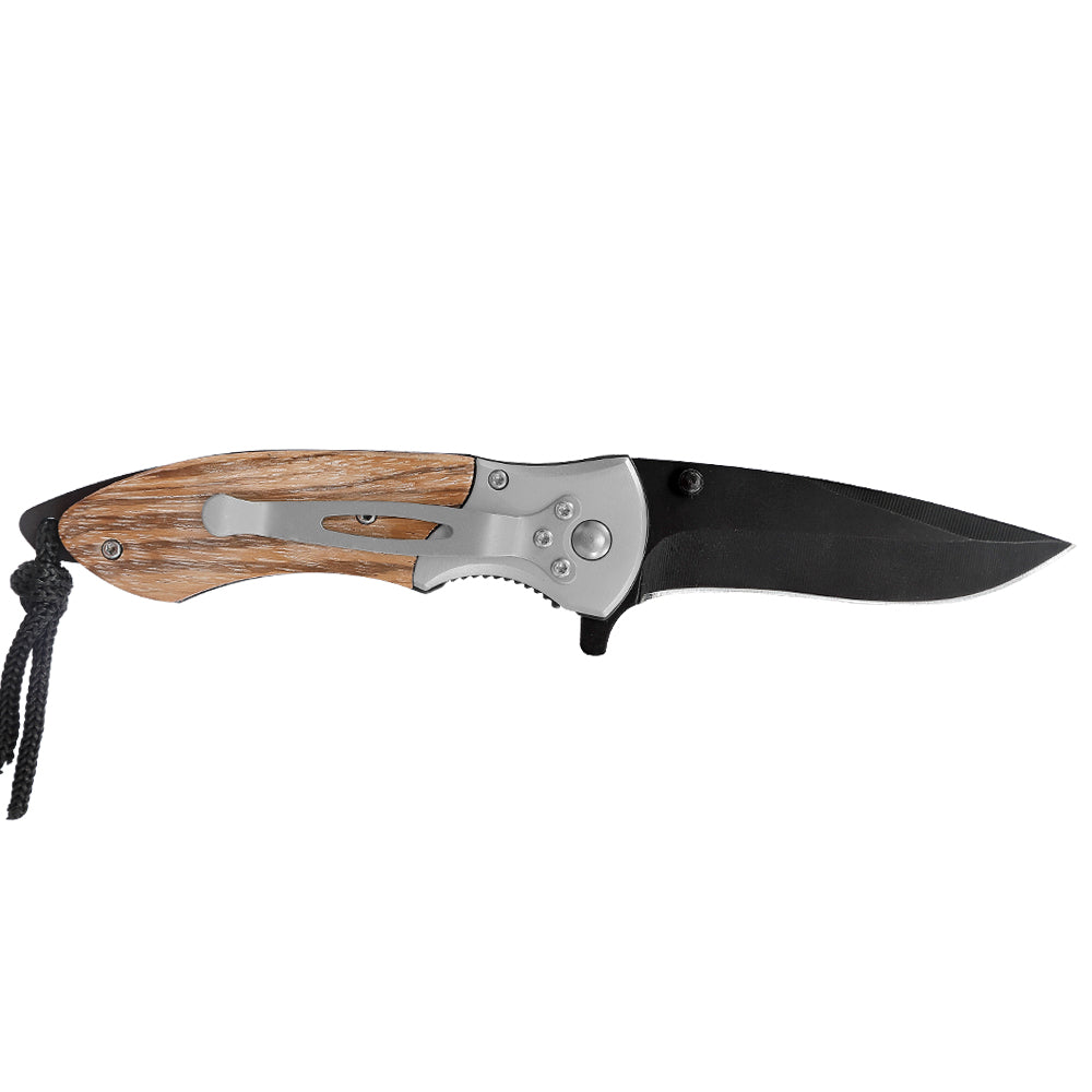 Dual Thumb Studs Black Blade Single Bolster Zebrawood Scales Folding Knife with Lanyard