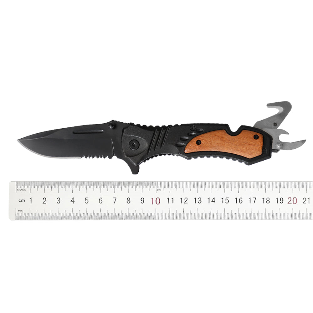 Multi Purposes Drop Point Partial Serrated Blade Thumb Stud Open Can Opener Belt Cutter One-Handed Knife with Glass Breaker