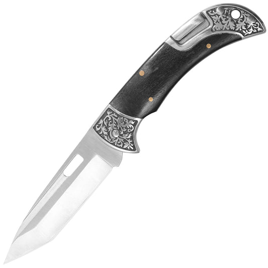 5Cr15MoV Tanto Blade Blood Groove Embossed Flower Bolsters Decorated Spring Siam Rosewood Handle Classic Style Back Lock Folding knife