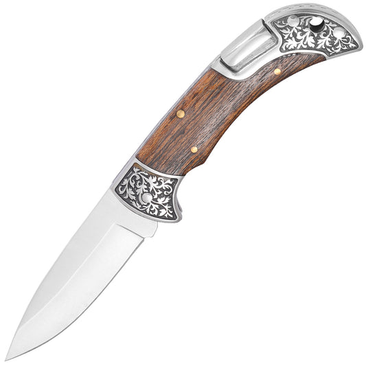 5Cr15MoV Drop Point Blade Dual Embossed Flower Bolsters Decorated Spring Bocote Wood Handle Classic Style Lockback Folding knife