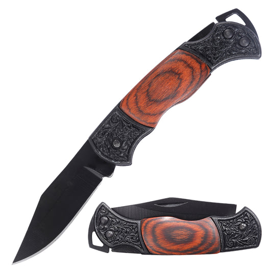 Black Blade Flower Engraved Bolster Dymonwood Scales Folding Blade Gift Knife with Lanyard Hole