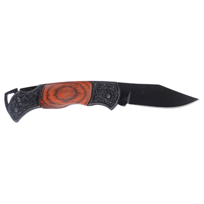 Black Blade Flower Engraved Bolster Dymonwood Scales Folding Blade Gift Knife with Lanyard Hole
