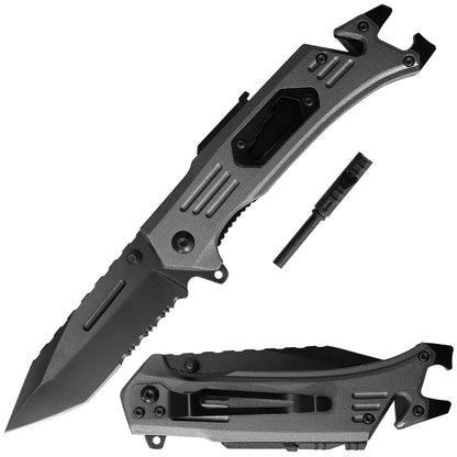 Multifunctional Fast Opening Combo Edge Tanto Blade Back Jimping Fire Starter Whistle Bottle Opener Pry Bar Flat Driver Tactical Knife for Outdoor