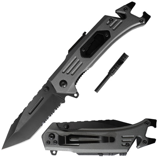 Multifunctional Fast Opening Combo Edge Tanto Blade Back Jimping Fire Starter Whistle Bottle Opener Pry Bar Flat Driver Tactical Knife for Outdoor