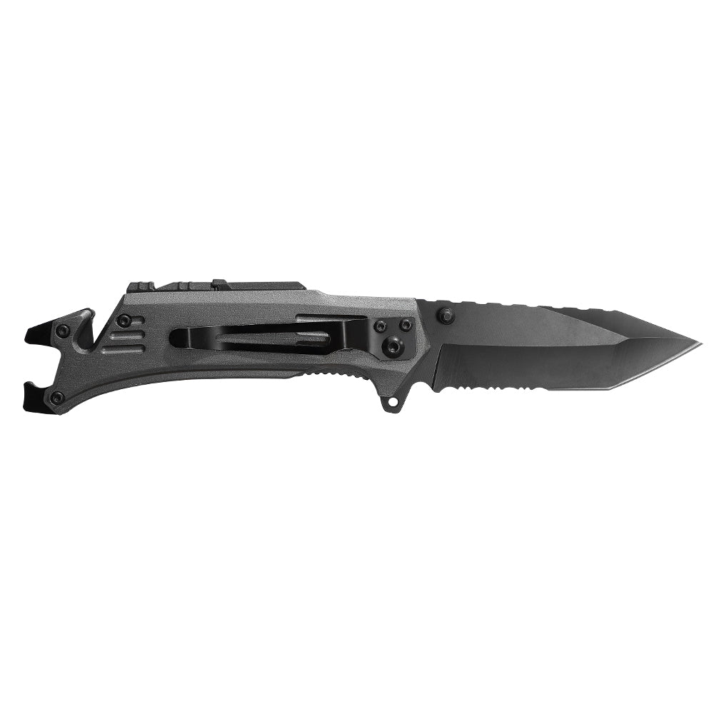 Multifunctional Fast Opening Combo Edge Tanto Blade Back Jimping Fire Starter Whistle Bottle Opener Pry Bar Flat Driver Tactical Knife for Outdoor