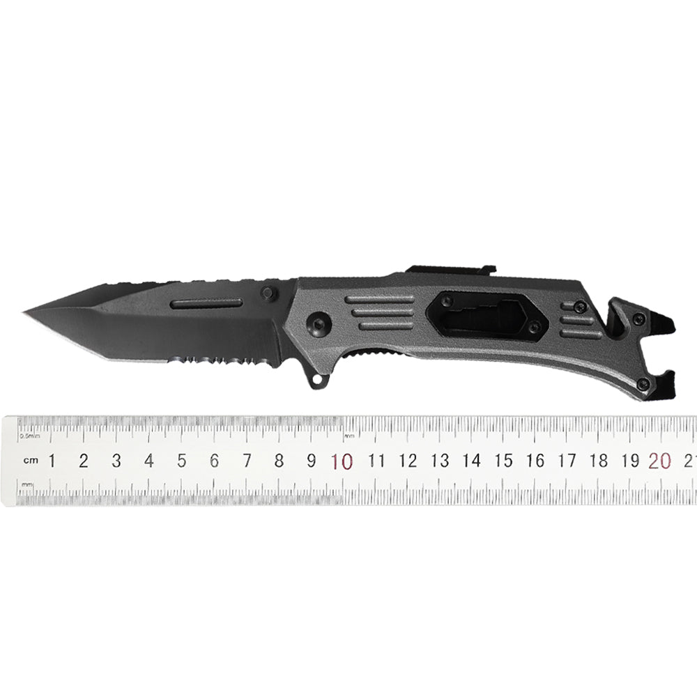 Multifunctional Fast Opening Combo Edge Tanto Blade Back Jimping Fire Starter Whistle Bottle Opener Pry Bar Flat Driver Tactical Knife for Outdoor