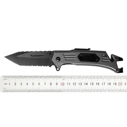 Multifunctional Fast Opening Combo Edge Tanto Blade Back Jimping Fire Starter Whistle Bottle Opener Pry Bar Flat Driver Tactical Knife for Outdoor