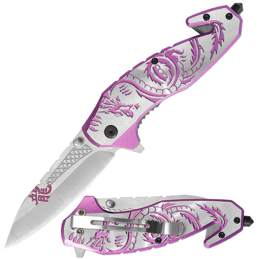 Dragon Pattern Multi Purposes Flipper Fast Open Double Thumb Studs Window Breaker Belt Cutter Emergency Knife for First Respond