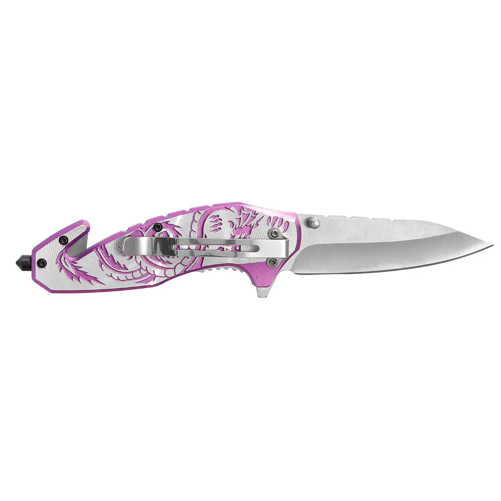 Dragon Pattern Multi Purposes Flipper Fast Open Double Thumb Studs Window Breaker Belt Cutter Emergency Knife for First Respond
