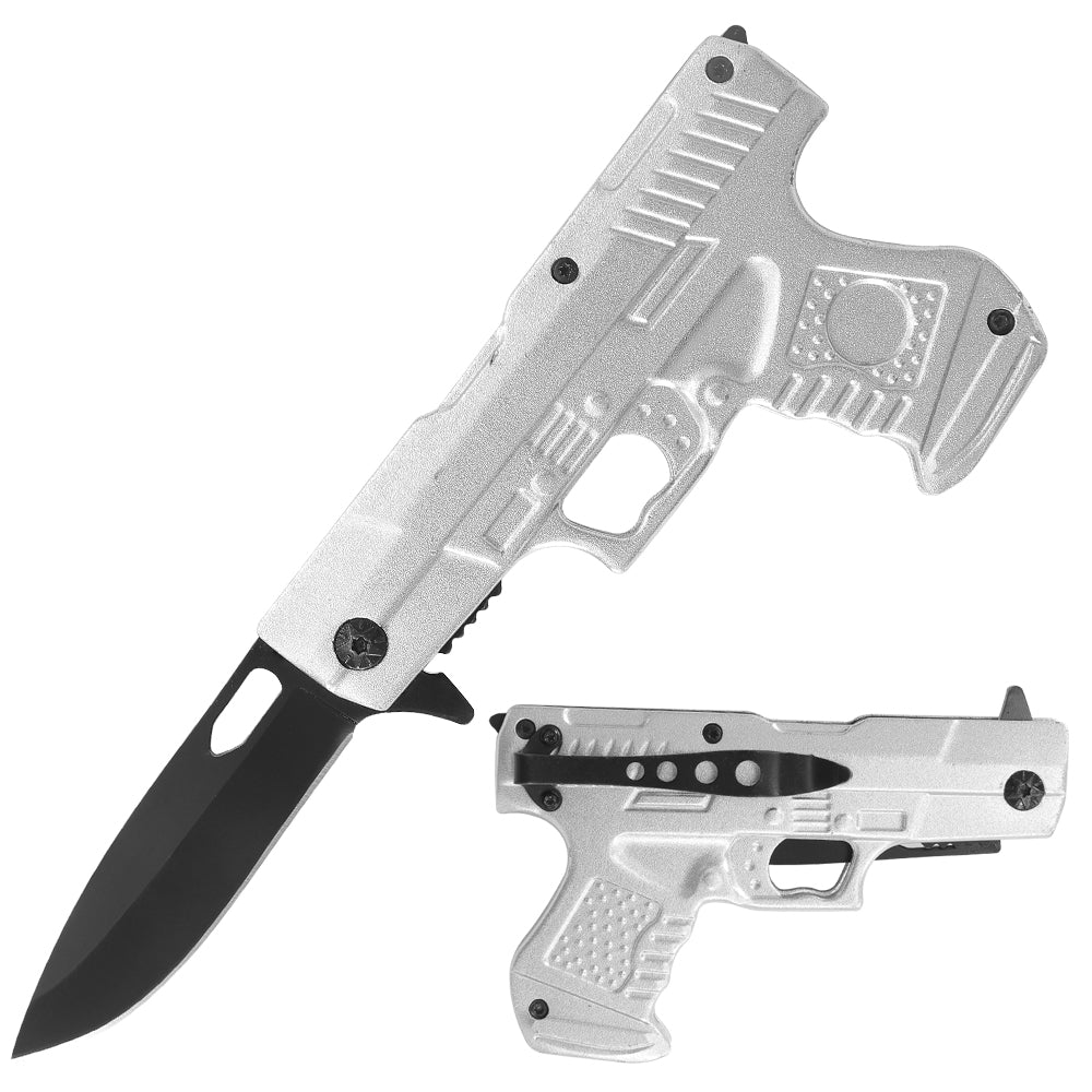 Black Drop Point Blade Liner Lock Pistol-Shaped Aluminium Handle Folding Knife with Tip-Up Pocket Clip