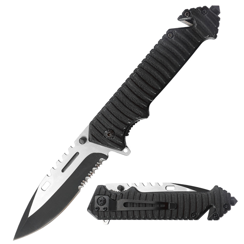 Multi Functions Fine and Serrated Edge Drop Point Blade Rescue Knife with Seat Belt Cutter