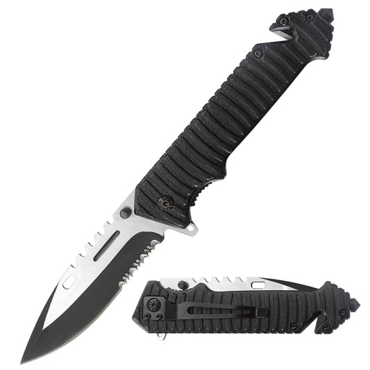 Multi Functions Fine and Serrated Edge Drop Point Blade Rescue Knife with Seat Belt Cutter