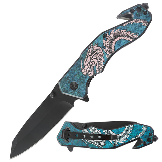Multi Purposes Flipper Fast Opening Blade Chinese Dragon Pattern UV Printing Glow in the Dark Handle Safety Knife