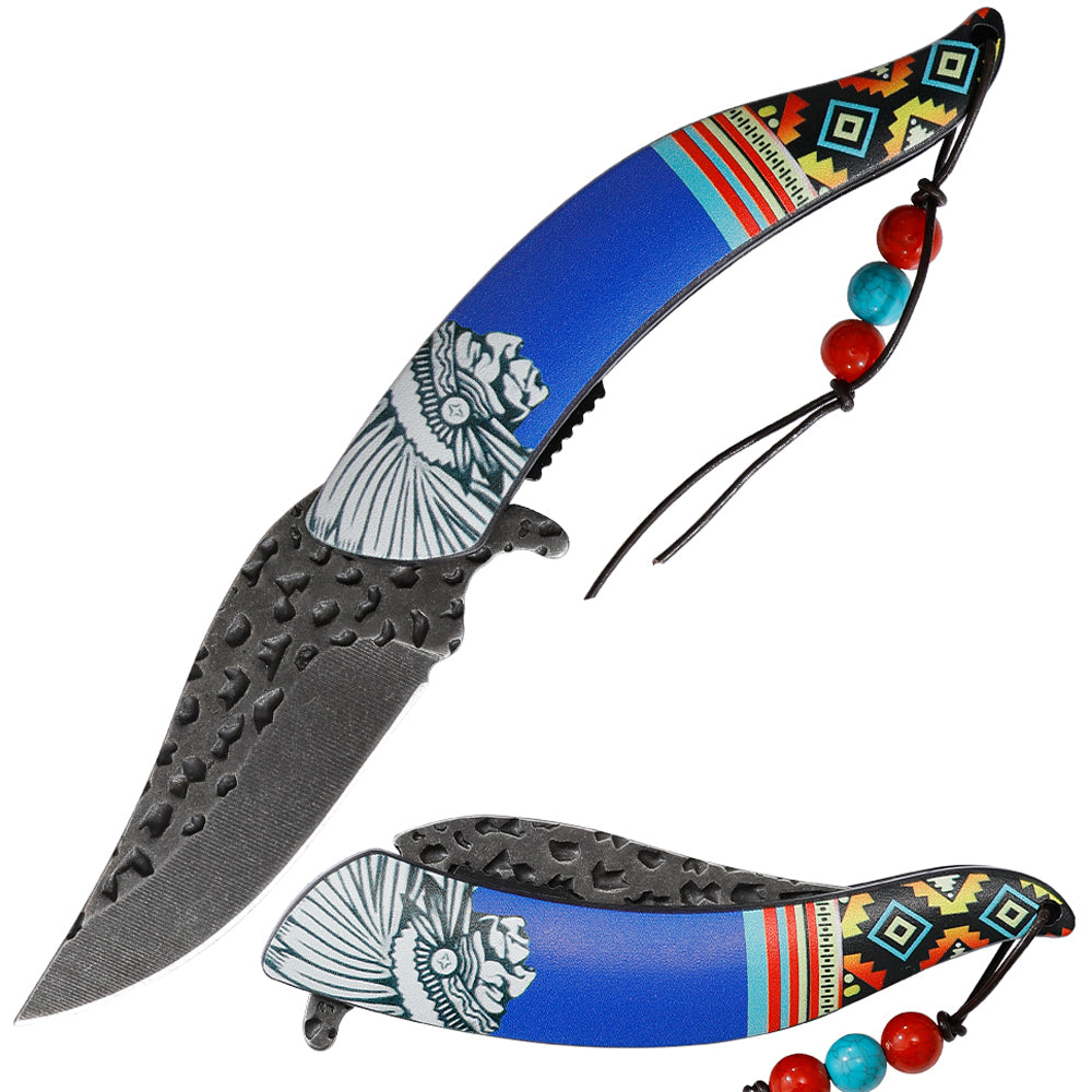 Ultra Sharp Clip Point Blade Finger Choil Blue Colored Western Native American Style Indian Folding Pocket Knife