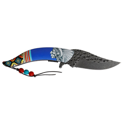 Ultra Sharp Clip Point Blade Finger Choil Blue Colored Western Native American Style Indian Folding Pocket Knife