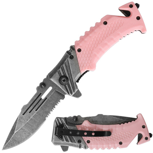 Stone Wash Plain Serrated Drop Point Blade Jimping Dual Thumb Studs Belt Cutter Folding Knife for Emergency