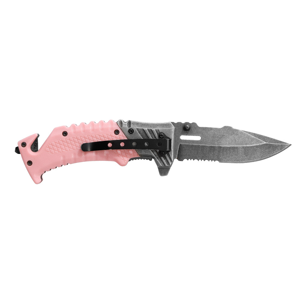 Stone Wash Plain Serrated Drop Point Blade Jimping Dual Thumb Studs Belt Cutter Folding Knife for Emergency