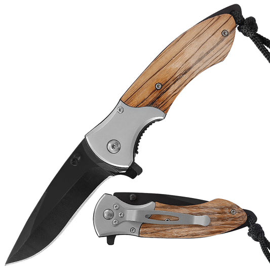 Dual Thumb Studs Black Blade Single Bolster Zebrawood Scales Folding Knife with Lanyard