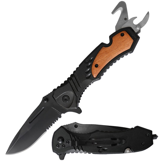 Multi Purposes Drop Point Partial Serrated Blade Thumb Stud Open Can Opener Belt Cutter One-Handed Knife with Glass Breaker
