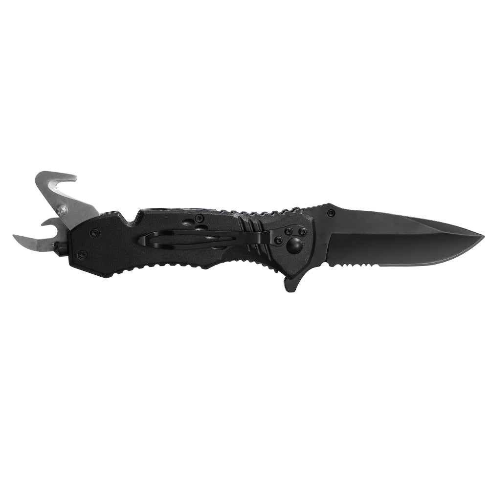 Multi Purposes Drop Point Partial Serrated Blade Thumb Stud Open Can Opener Belt Cutter One-Handed Knife with Glass Breaker