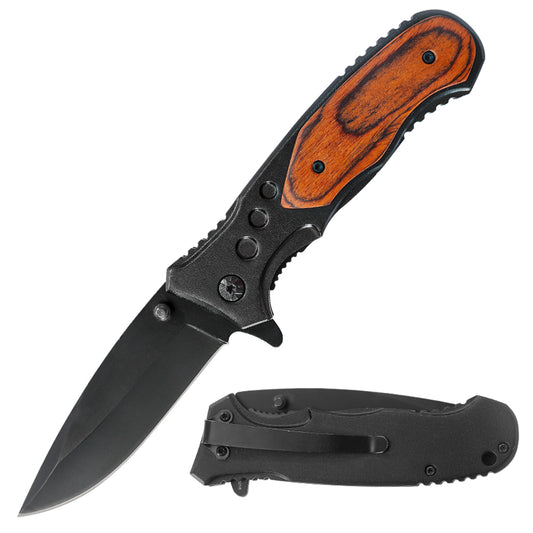 Drop Point Blade Flipper Fast Opening Pakkawood Scale Ridge Handle Pocket Knife with Belt Clip