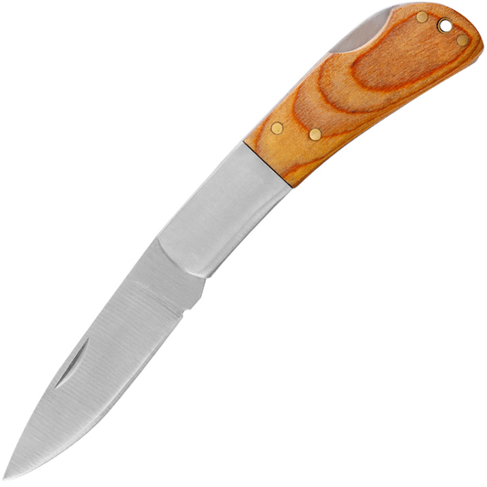 Pocket Knife 2.3" Stainless Steel Drop Point Blade Nail Nick Open Safety Lock Wooden Handle Long Flat Bolster Ideal for Laser Engraving, Lanyard Hole Available